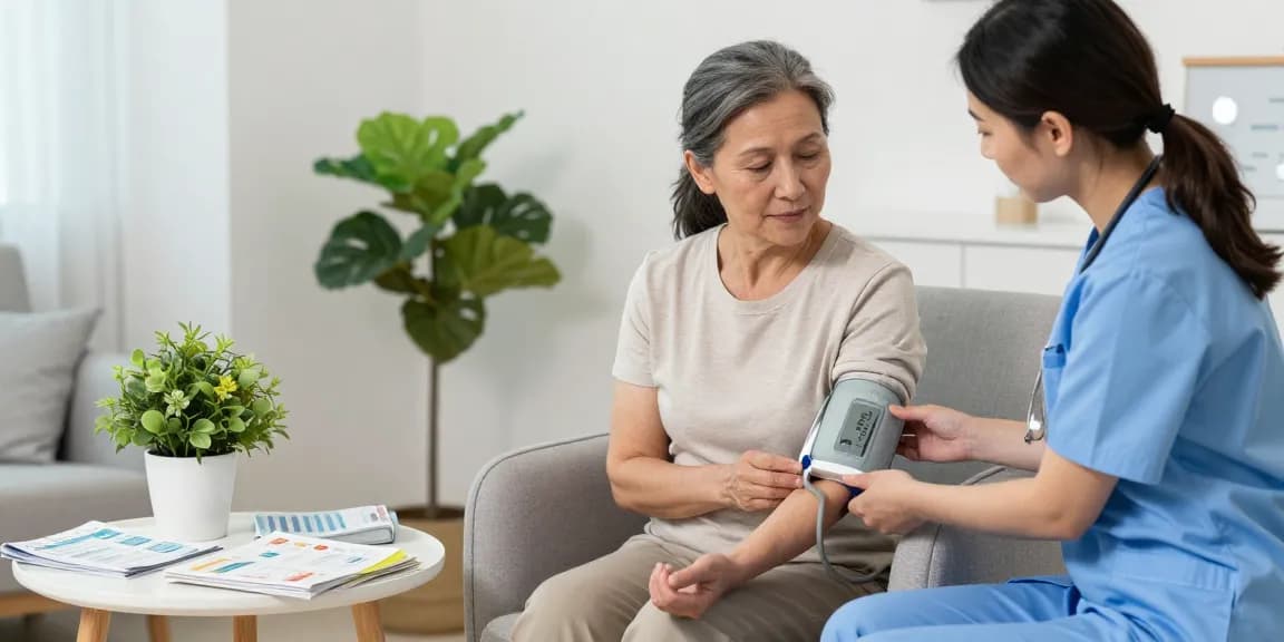 Blood pressure monitoring session with a nurse assisting a woman, promoting health awareness in a calming environment.