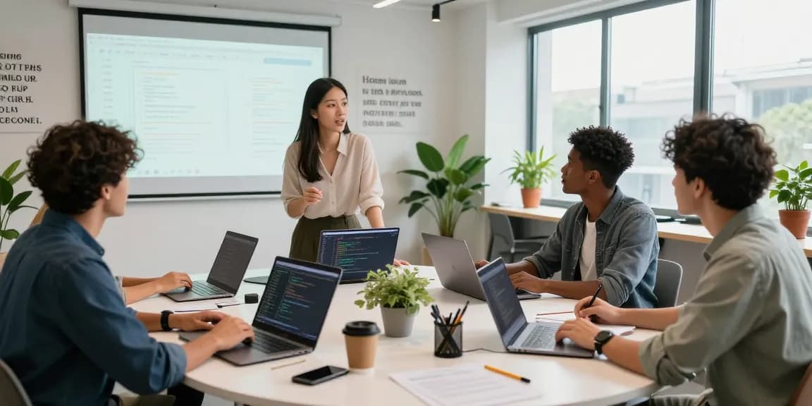 A team collaborating in a vibrant workspace on the WPS Official Website project focusing on software development.