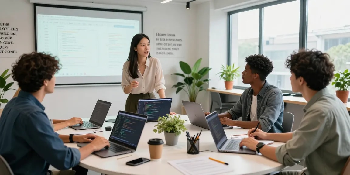 A team collaborating in a vibrant workspace on the WPS Official Website project focusing on software development.