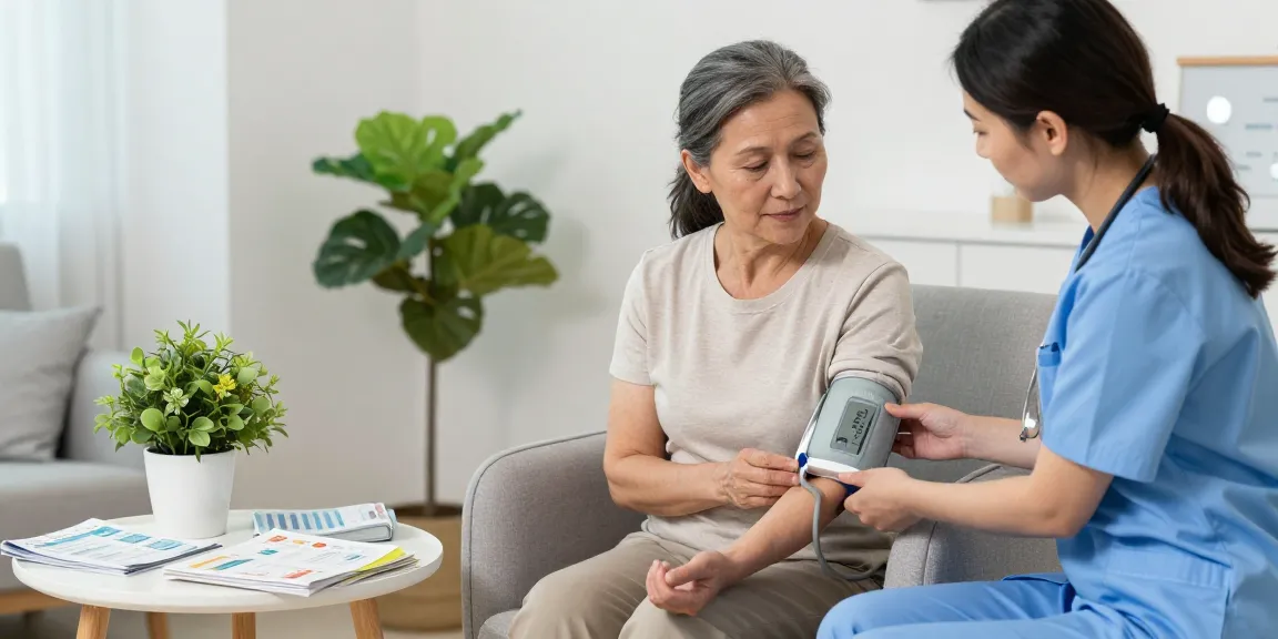 Blood pressure monitoring session with a nurse assisting a woman, promoting health awareness in a calming environment.