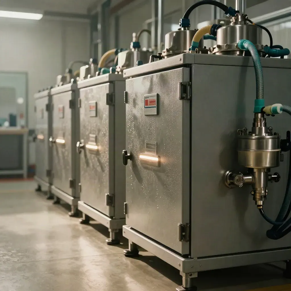 PEM electrolyzer cabinets and water skid in a bright plant room with soft daylight