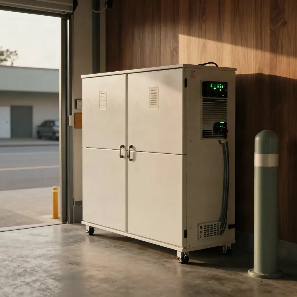 Fuel-cell cabinets and standby gear in a warm loading bay with green status lights and afternoon sun.