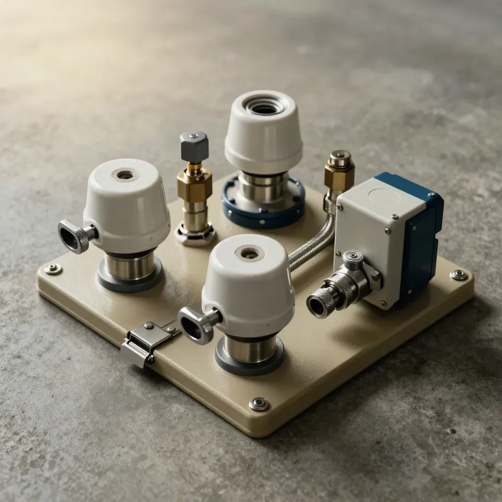 Top-down safety hardware on a khaki utility plate with detectors, valves and junction boxes.