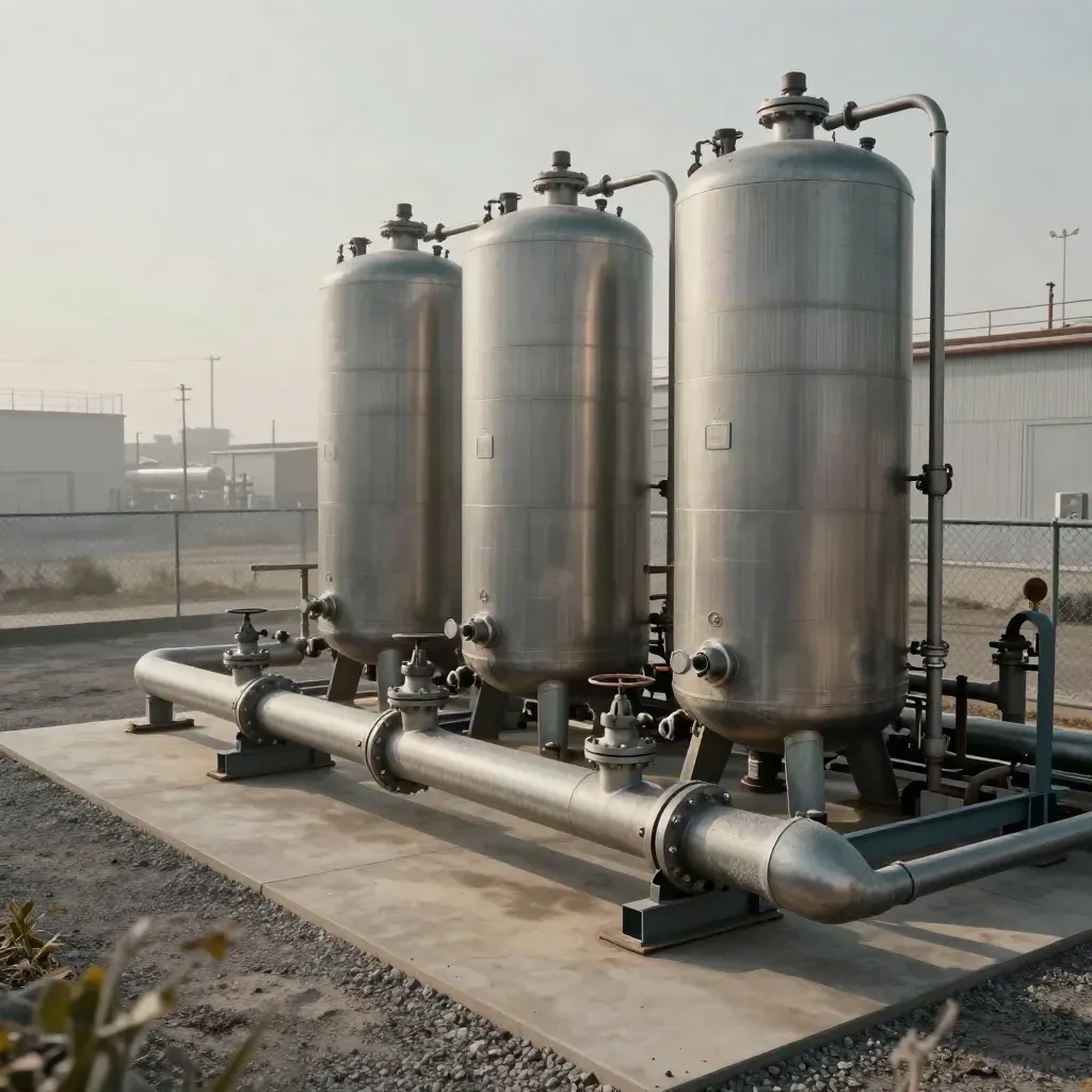 High-pressure hydrogen storage vessels and pipework in a quiet utility yard