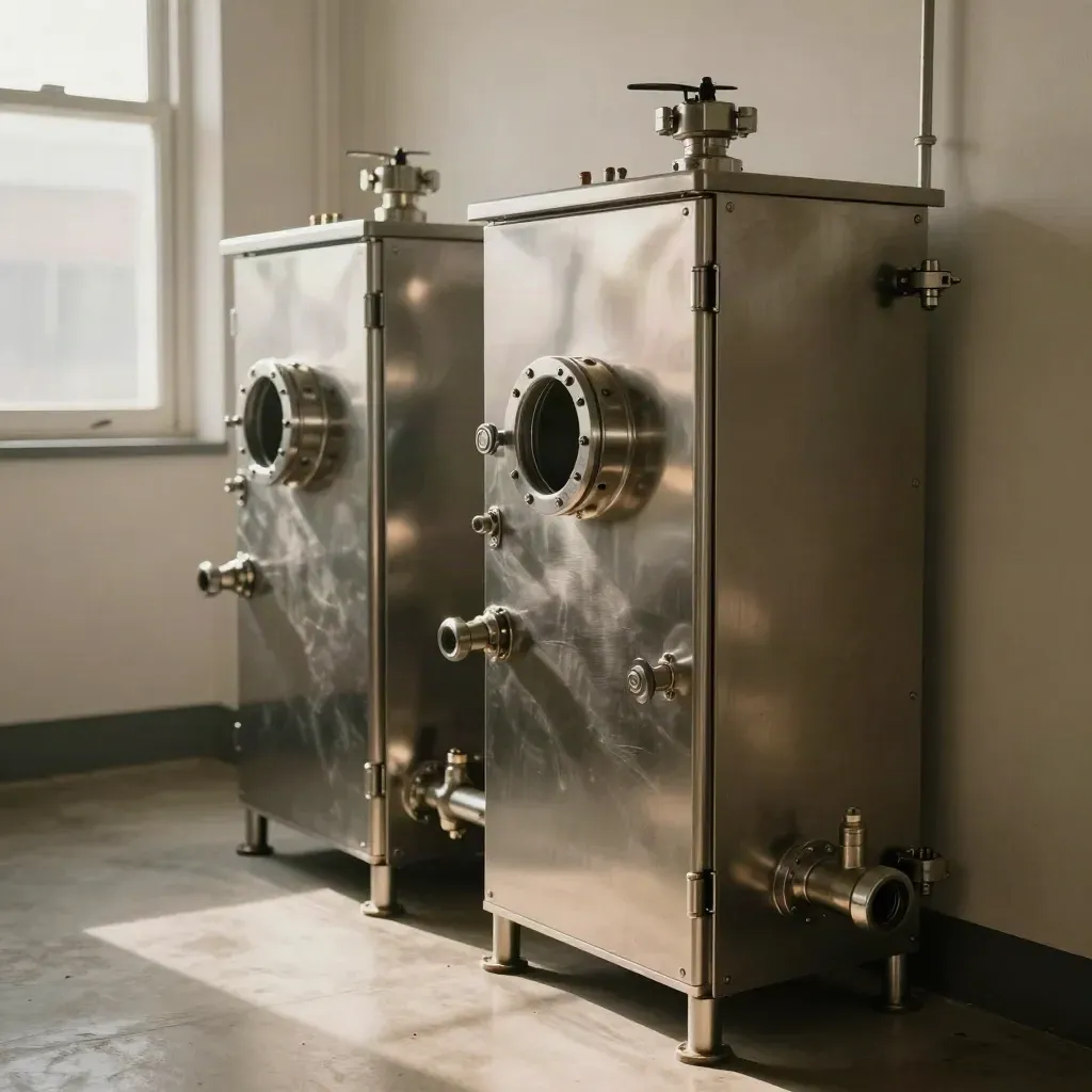 Finished hydrogen gas cabinet bay with clean conduit and isolation hardware in warm window light