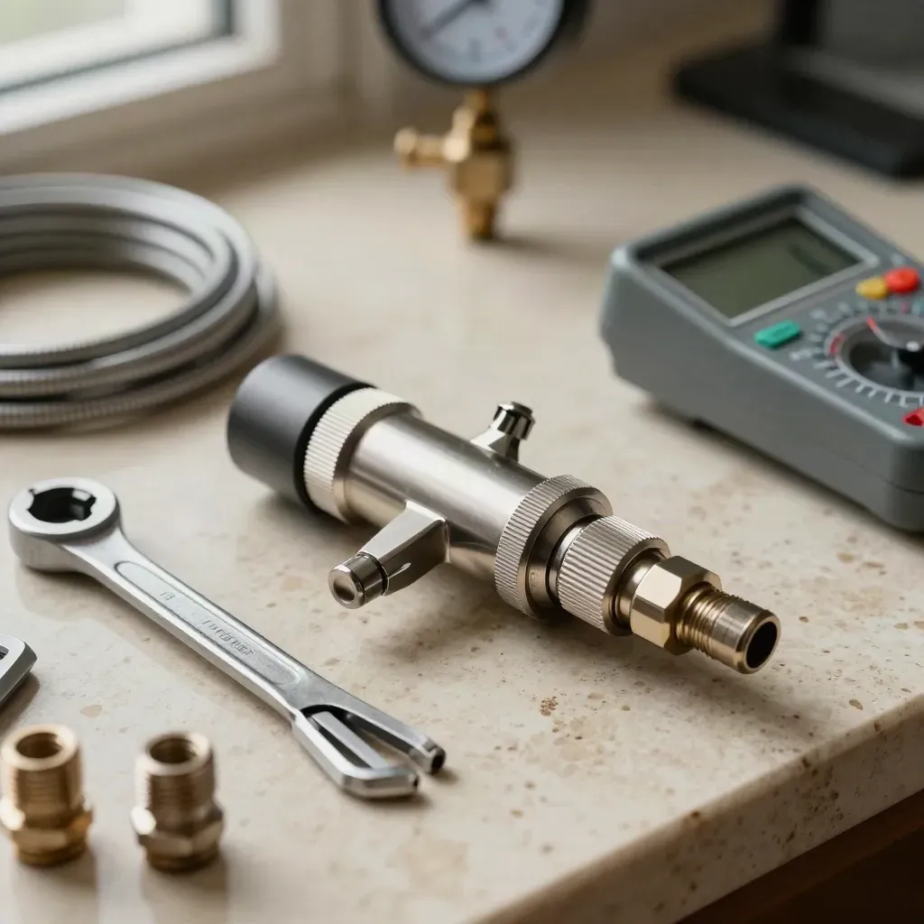 Macro workbench still life with pressure transducer, wrench, hex keys, fittings, and dark multimeter.