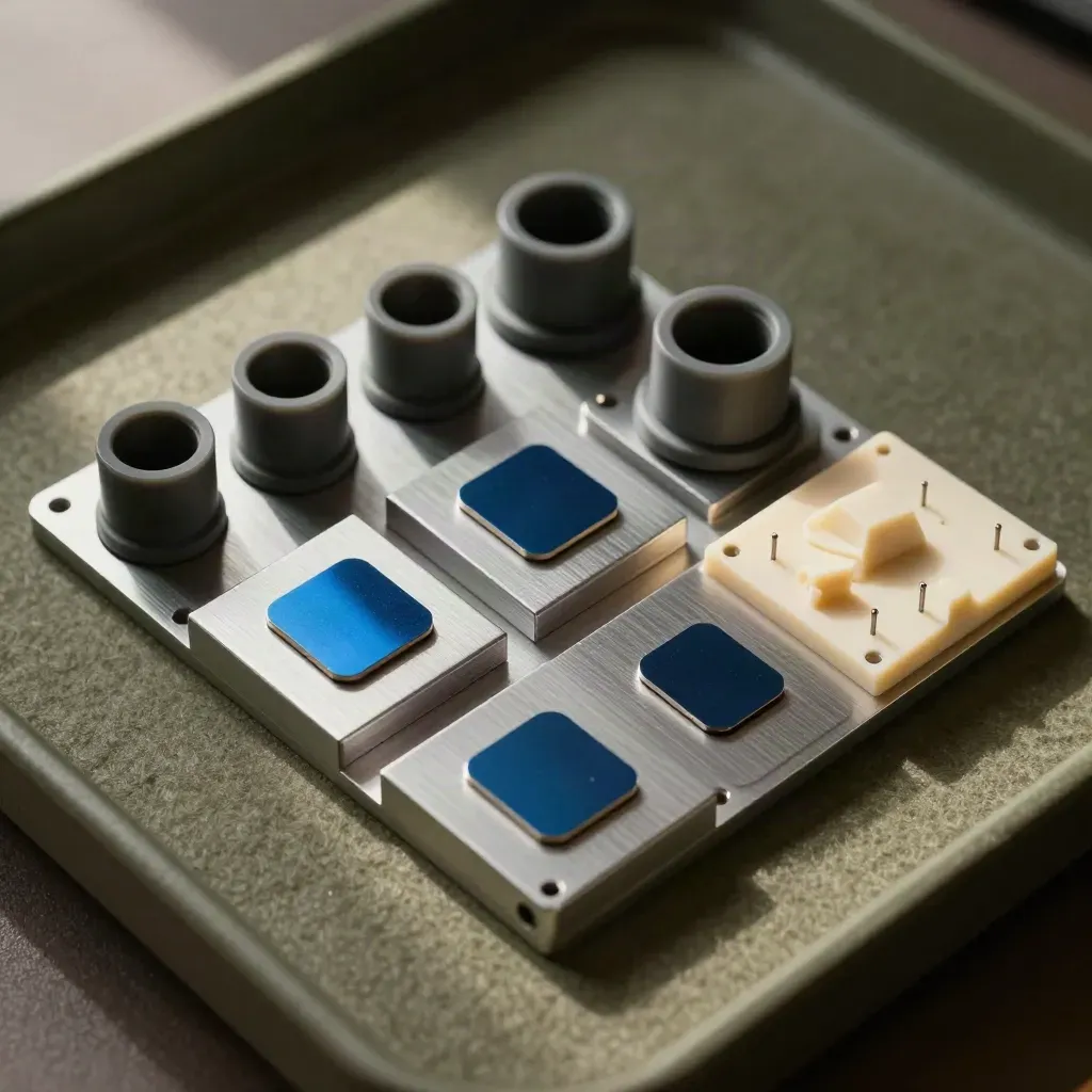 Top-down close of hydrogen project blocks, bushings, sample chips and a compact site model.