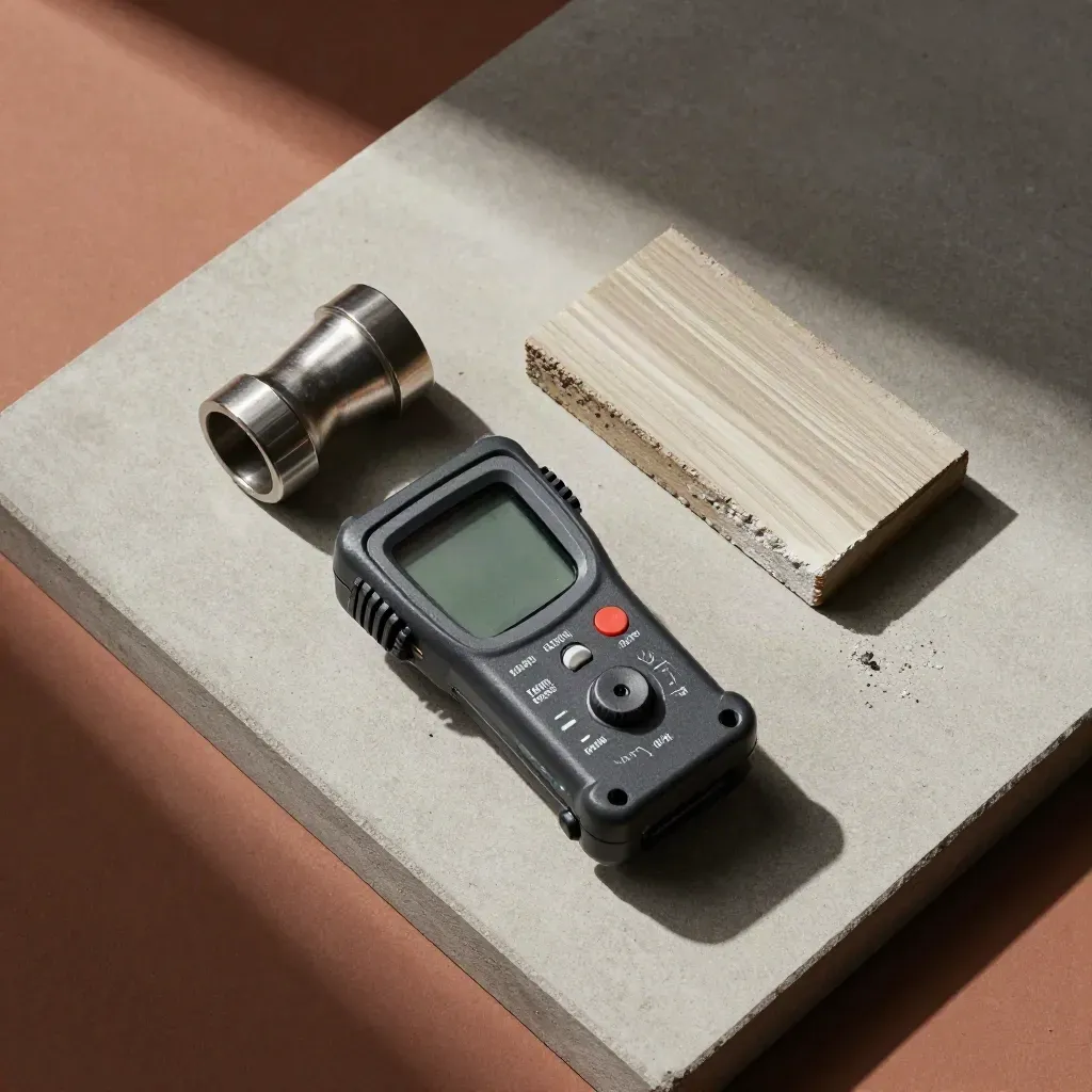 Overhead flatlay of a gas detector, conduit elbow, site marker and core sample on concrete