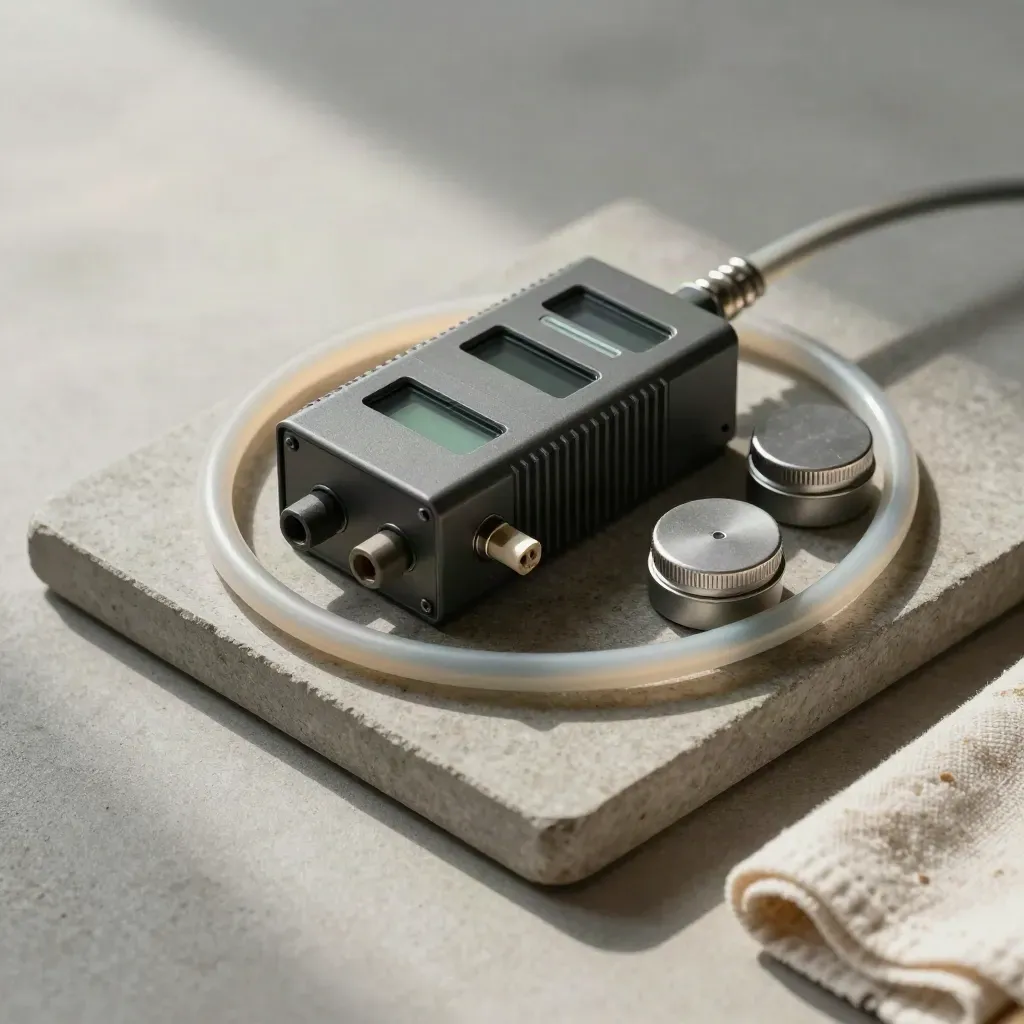 Hydrogen relay module, hose loop, test plugs and seal caps on a stone tray with a soft green glow.