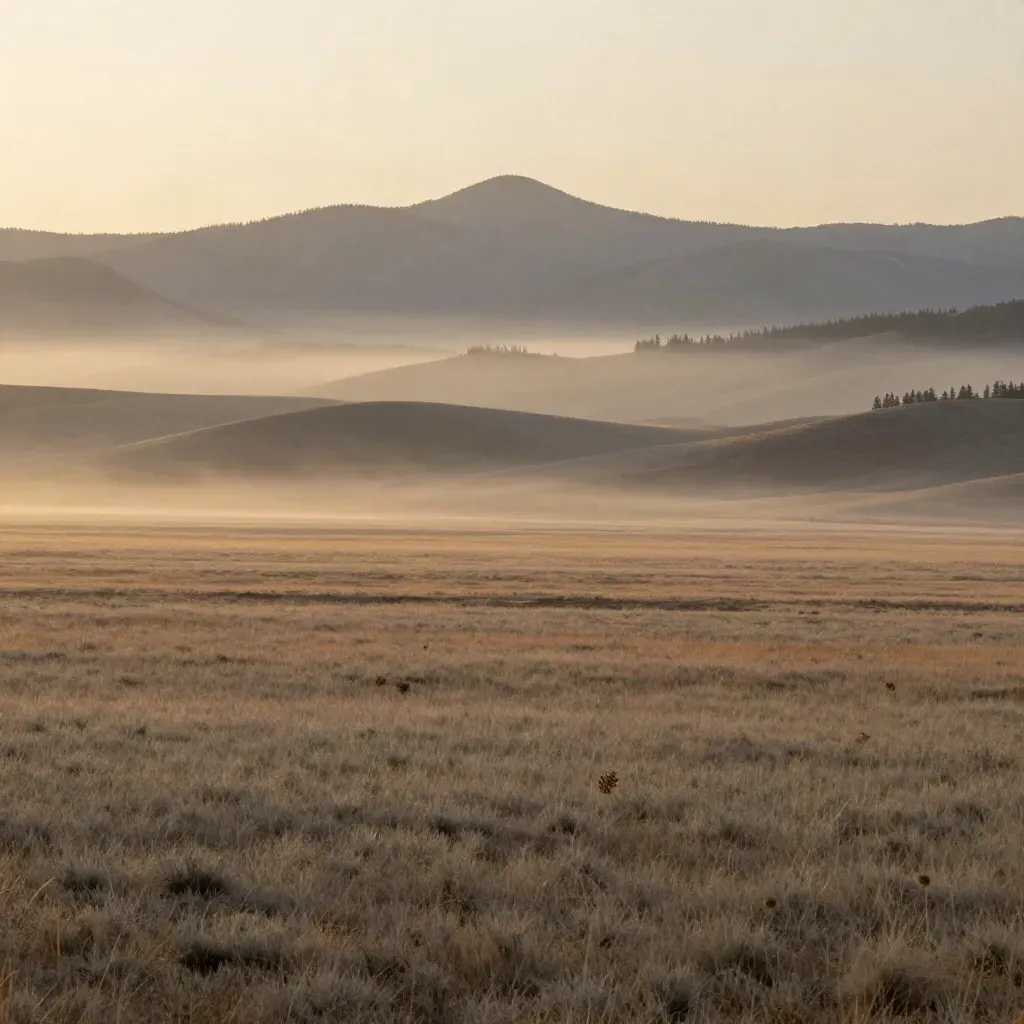 Sunrise over the Alberta Rockies and open prairie foothills with mist and calm grassland.