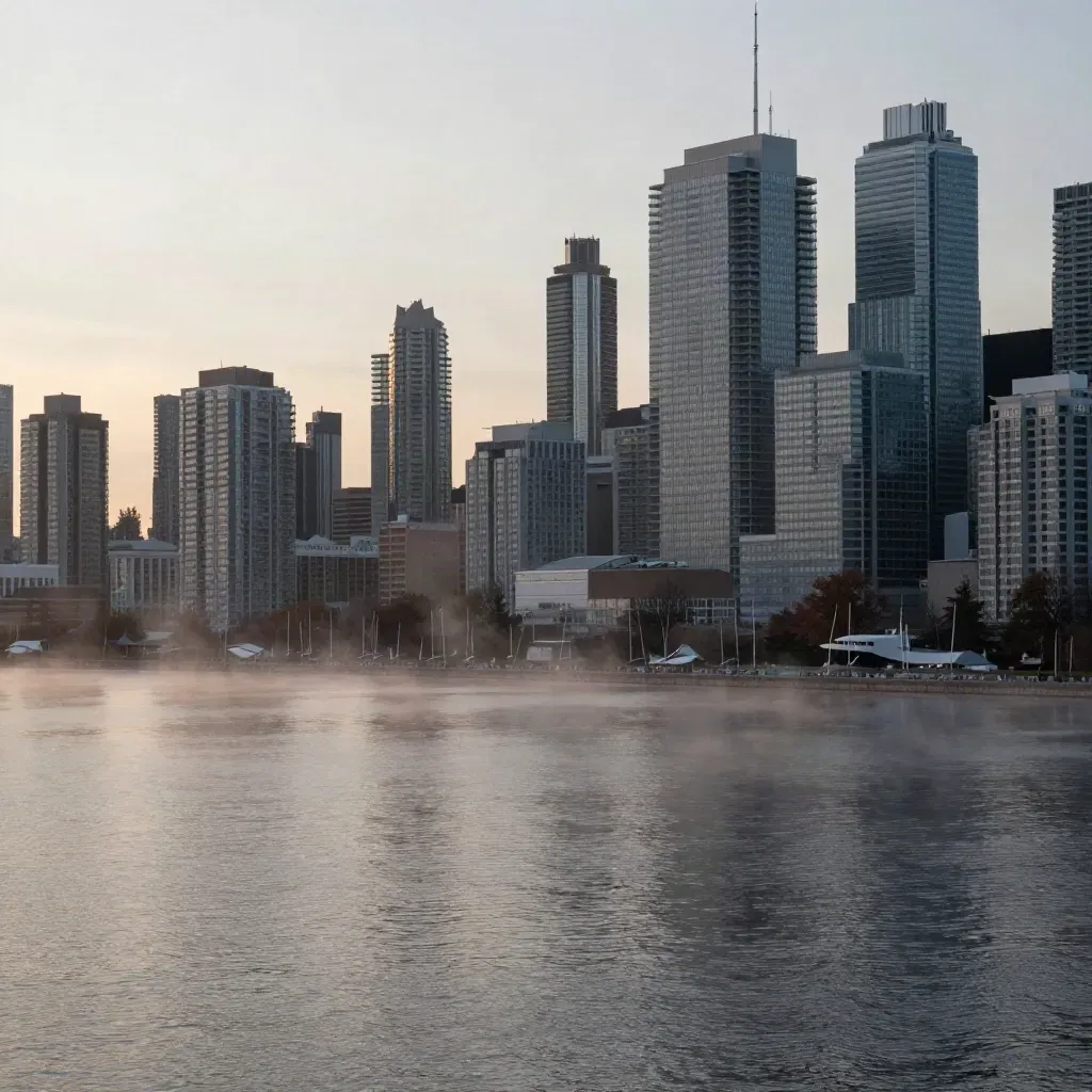 Toronto waterfront skyline at dawn above calm reflective harbour, towers in soft haze