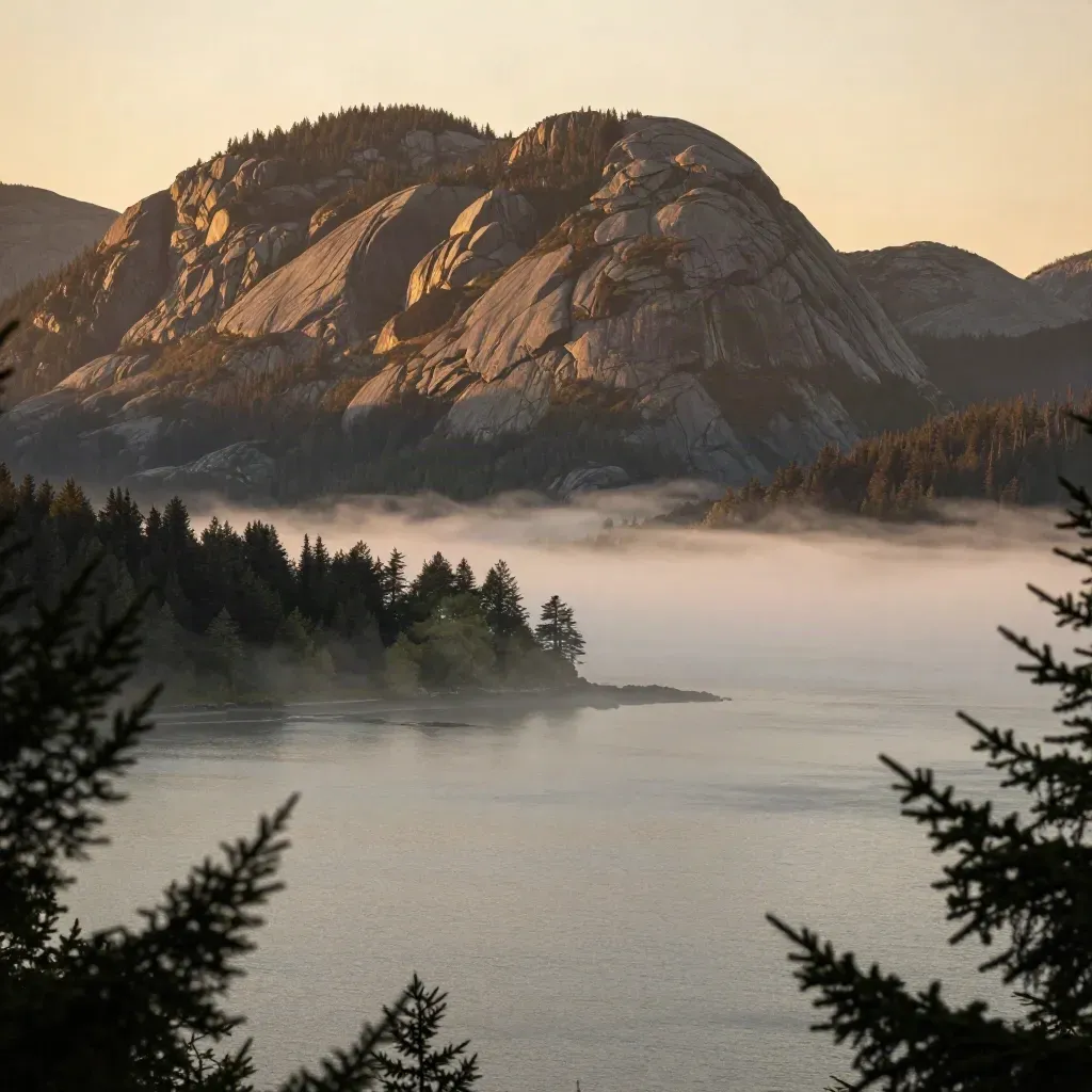 Misty North Shore mountains over a calm inlet at golden hour