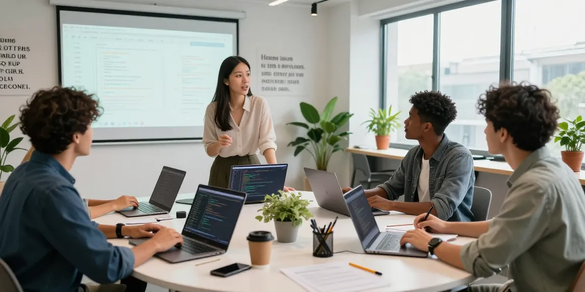 A team collaborating in a vibrant workspace on the WPS Official Website project focusing on software development.
