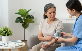 Blood pressure monitoring session with a nurse assisting a woman, promoting health awareness in a calming environment.