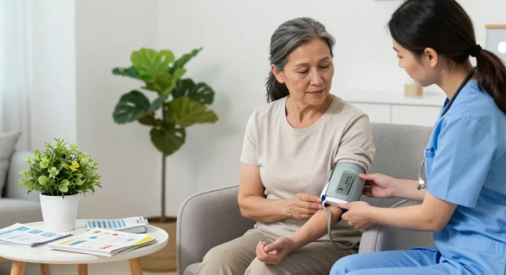 Blood pressure monitoring session with a nurse assisting a woman, promoting health awareness in a calming environment.